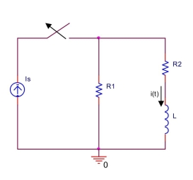  the switch in the circuit shown below has been closed for a long time before it is opened at t  = 0 . Find the current  i ( t )  through the inductor for  t \geq 0 . Assume  R _ { 1 } = 3 \mathrm { k } \Omega , R _ { 2 } = 1 \mathrm { k } \Omega , I _ { s } = 2 \mathrm {~mA} ,  \mathrm { L } = 120 \mathrm { mH } .   