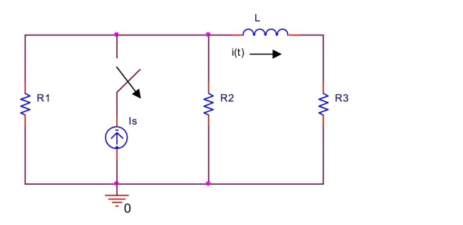  The switch in the circuit shown below has been closed for a long time before it is opened at  t = 0 . Find the current  i ( t )  through the inductor for  t \geq 0 . Assume  R _ { 1 } = 3 \mathrm { k } \Omega , R _ { 2 } = 6 \mathrm { k } \Omega , R _ { 3 } = 2   \mathrm { k } \Omega , \mathrm { I } _ { \mathrm { s } } = 6 \mathrm {~mA} , \mathrm {~L} = 80 \mathrm { mH } .   