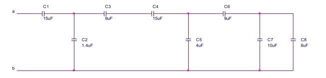 find the equivalent capacitance between terminals a and b of the circuit shown below.  