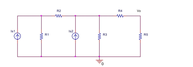  the circuit shown below, let  \mathrm { I } _ { \mathrm { s } 1 } = 5 \mathrm {~mA} , \mathrm { I } _ { \mathrm { s } 2 } = 2 \mathrm {~mA} , \mathrm { R } _ { 1 } = 1 \mathrm { k } \Omega , \mathrm { R } _ { 2 } = 1.5 \mathrm { k } \Omega , \mathrm { R } _ { 3 } = 1.2 \mathrm { k } \Omega \mathrm { R } _ { 4 } = 4 \mathrm { k } \Omega , \mathrm { R } _ { 5 } = 3 \mathrm { k } \Omega  Use source transformation to find  V _ { 0 } .   