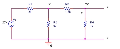  the circuit shown below,    (a) Write a node equation at node 1 by summing the currents leaving node 1 . (b) Write a node equation at node 2 by summing the currents leaving node 2 . (c) Solve the node equations to find the Thévenin equivalent voltage between  a  and  b ,  \mathrm { V } _ { \text {th } } = \mathrm { V } _ { 2 } . (d) Find the Thévenin equivalent resistance between  a  and  b . 