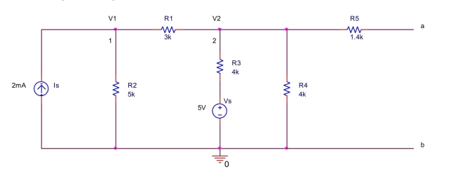  the circuit shown below, (a) Write a node equation at node 1 by summing the currents leaving node 1 . (b) Write a node equation at node 2 by summing the currents leaving node 2 . (c) Solve the two node equations to find  V _ { 2 }  at node  2 .  (d) Find the equivalent resistance seen from the terminals  a  and  b  looking into the circuit after deactivating the voltage source and the current source.   