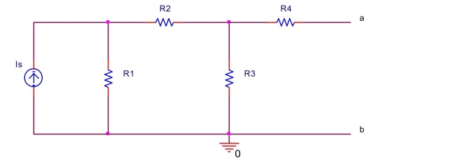  In the circuit shown below, let  I _ { 5 } = 5 \mathrm {~mA} , \mathrm { R } _ { 1 } = 500 \Omega , \mathrm { R } _ { 2 } = 300 \Omega , \mathrm { R } _ { 3 } = 600 \Omega , \mathrm { R } _ { 4 } = 400 \Omega  Find the Norton equivalent current  \mathrm { I } _ { \mathrm { n } }  and the Norton equivalent resistance  \mathrm { R } _ { \mathrm { n } }  between terminals  a  and  b .   
