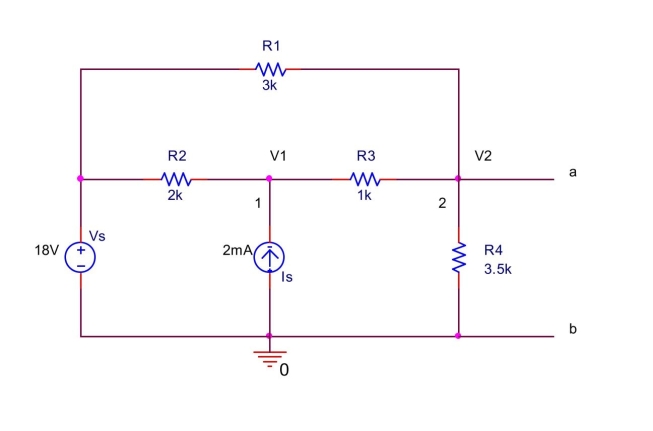  In the circuit shown below, (a) Write a node equation at node 1 by summing the currents leaving node  1 .  (b) Write a node equation at node 2 by summing the currents leaving node 2 . (c) Solve the node equations to find the Thévenin equivalent voltage between  a  and  b ,  \mathrm { V } _ { \text {th } } = \mathrm { V } _ { 2 } . (d) Find the Thévenin equivalent resistance Ruth between  a  and  b . (e) Find the load resistance R. between  a  and  b  for the maximum power transfer to the load. Also, find the maximum power delivered to the load.   