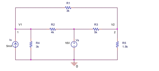  the circuit shown below,  \text { (a) Write a node equation at node } 1 \text { by summing the currents away from node } 1 .  (b) Write a node equation at node 2 by summing the currents away from node  2 .  (c) Solve the equations to find  V _ { 1 }  and  V _ { 2 } . (d) Find the current through  \mathrm { R } _ { 1 }  (including direction) and power dissipated on  \mathrm { R } _ { 1 } .   