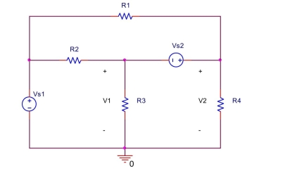  the circuit shown below, let  \mathrm { V } _ { \mathrm { s } 1 } = 5 \mathrm {~V} , \mathrm {~V} _ { \mathrm { s } 2 } = 2 \mathrm {~V} , \mathrm { R } _ { 1 } = 4 \mathrm { k } \Omega , \mathrm { R } _ { 2 } = 2.5 \mathrm { k } \Omega , \mathrm { R } _ { 3 } = 1 \mathrm { k } \Omega , \mathrm { R } _ { 4 } = 2 \mathrm { k } \Omega  Use nodal analysis to find  V _ { 1 }  and  V _ { 2 } .   