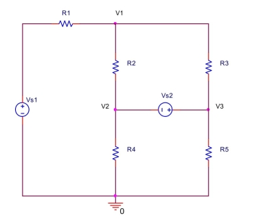  the circuit shown below, let  V _ { \mathrm { s } 1 } = 6 \mathrm {~V} , \mathrm {~V} _ { \mathrm { s } 2 } = 1 \mathrm {~V} , \mathrm { R } _ { 1 } = 1 \mathrm { k } \Omega , \mathrm { R } _ { 2 } = 1.5 \mathrm { k } \Omega , \mathrm { R } _ { 3 } = 2.5 \mathrm { k } \Omega , \mathrm { R } _ { 4 } = 1.2 \mathrm { k } \Omega , \mathrm { R } _ { 5 } = 800 \Omega  Use nodal analysis to find  V _ { 1 } , V _ { 2 } , and  V _ { 3 } .   