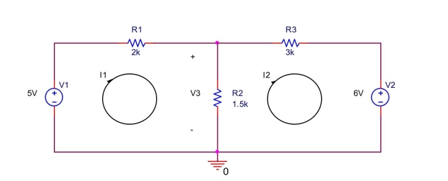  In the circuit shown below, (a) Write a mesh equation by summing the voltage drops around mesh 1 (left side). (b) Write a mesh equation by summing the voltage drops around mesh 2 (right side). (c) Solve the two equations to find  I _ { 1 }  and  I _ { 2 } . (d) Find voltage  V _ { 3 }  across  R _ { 2 } .   