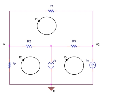  In the circuit shown below, let  \mathrm { V } _ { \mathrm { s } } = 7 \mathrm {~V} , \mathrm { I } _ { \mathrm { s } } = 2 \mathrm {~mA} , \mathrm { R } _ { 1 } = 1 \mathrm { k } \Omega , \mathrm { R } _ { 2 } = 1.5 \mathrm { k } \Omega , \mathrm { R } _ { 3 } = 5 \mathrm { k } \Omega , \mathrm { R } _ { 4 } = 500 \Omega  Use mesh analysis to find mesh currents  I _ { 1 } , I _ { 2 } , and  I _ { 3 } . Also, find  V _ { 1 }  and  V _ { 2 } .   