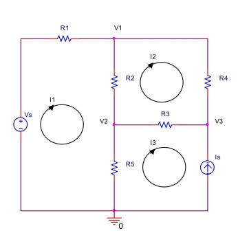  In the circuit shown below, let  V _ { \mathrm { s } } = 5 \mathrm {~V} , \mathrm { I } _ { \mathrm { s } } = 2 \mathrm {~mA} , \mathrm { R } _ { 1 } = 1 \mathrm { k } \Omega , \mathrm { R } _ { 2 } = 400 \Omega , \mathrm { R } _ { 3 } = 1.5 \mathrm { k } \Omega , \mathrm { R } _ { 4 } = 2 \mathrm { k } \Omega , \mathrm { R } _ { 5 } = 500 \Omega  Use mesh analysis to find mesh currents  I _ { 1 } , I _ { 2 } , and  I _ { 3 } . Also, find  V _ { 1 } , V _ { 2 } , and  V _ { 3 } .   