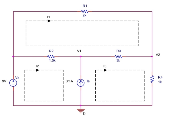  In the circuit shown below, (a) Write a mesh equation around mesh 1 by summing the voltage drops around mesh 1 . (b) Write a mesh equation around supermesh formed by meshes 2 and 3 by summing the voltage drops around supermesh. (c) Write a constraint equation expressing  \mathrm { I } _ { \mathrm { s } }  by  \mathrm { I } _ { 2 }  and  \mathrm { I } _ { 3 } . (d) Find  \mathrm { I } _ { 1 } , \mathrm { I } _ { 2 } , and  \mathrm { I } _ { 3 }  by solving the three equations. (e) Find the voltages  V _ { 1 } , V _ { 2 } .   