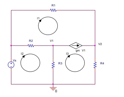  In the circuit shown below, let  \mathrm { V } _ { \mathrm { s } } = 9 \mathrm {~V} , \mathrm { R } _ { 1 } = 1 \mathrm { k } \Omega , \mathrm { R } _ { 2 } = 400 \Omega , \mathrm { R } _ { 3 } = 500 \Omega , \mathrm { R } _ { 4 } = 1.2 \mathrm { k } \Omega , \mathrm { g } _ { \mathrm { m } } = 0.0004  Use mesh analysis to find mesh currents  I _ { 1 } , I _ { 2 } , and  I _ { 3 } . Also, find  V _ { 1 }  and  V _ { 2 } .   