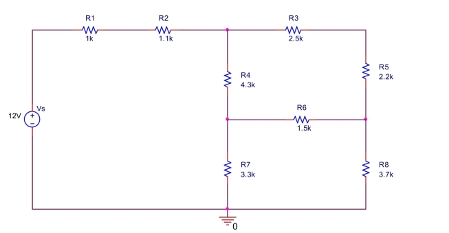 circuit is shown in Figure 1. In this figure, (a) Label all the nodes (1, 2, 3, ...) in the circuit excluding the ground node which is already labeled as 0. (b) How many nodes are there? (c) How many simple nodes are there? (d) How many essential nodes are there? (e) How many branches are there? (f) How many meshes are there? List all meshes. (g) How many loops (including meshes) are there? (h) List all loops that are not meshes.   Figure 1