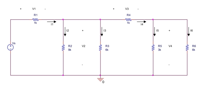current through resistor R<sub>6</sub> in the circuit shown below is 2 mA, that is,I<sub>6</sub> = 2 mA.  (a) Use Ohm's law to find the voltage V<sub>4</sub> across R<sub>6</sub>. (b) Use Ohm's law to find the current I<sub>5</sub> through R<sub>5</sub>. (c) Use KCL to find the current I<sub>4</sub> through R<sub>4</sub>. (d) Use Ohm's law to find the voltage V<sub>3</sub> across R<sub>4</sub>. (e) Use KVL to find the voltage V<sub>2</sub> across R<sub>3</sub>. (f) Use Ohm's law to find the current I<sub>3</sub> through R<sub>3</sub>. (g) Use Ohm's law to find the current I<sub>2</sub> through R<sub>2</sub>. (h) Use KCL to find the current I<sub>1</sub> through R<sub>1</sub>. (i) Use Ohm's law to find the voltage V<sub>1</sub> across R<sub>1</sub>. (j) Use KVL to find the voltage V<sub>s</sub>.  
