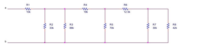 the equivalent resistance between terminals a and b of the circuit shown below.  