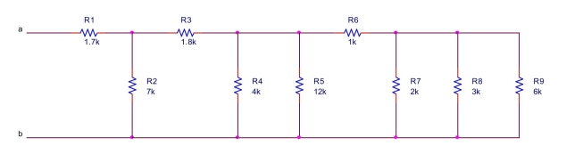 the equivalent resistance between terminals a and b of the circuit shown below.  
