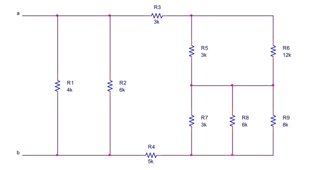 the equivalent resistance between terminals a and b of the circuit shown below.  