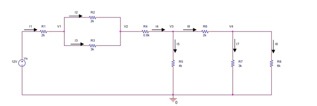 the circuit shown below,  (a) Find R<sub>a</sub> = R<sub>7</sub> || R<sub>8</sub>. (b) Find R<sub>b</sub> = R<sub>6</sub> + R<sub>a</sub>. (c) Find R<sub>c</sub> = R<sub>5</sub> || R<sub>b</sub>. (d) Find R<sub>d</sub> = R<sub>2</sub> || R<sub>3</sub>. (e) Redraw the circuit consisting of V<sub>s</sub>, R<sub>1</sub>, R<sub>d</sub>, R<sub>4</sub>, and Rc. Find the equivalent resistance R<sub>eq</sub> seen from the voltage source. (f) Find the current I<sub>1</sub> through R<sub>1</sub>, Rd, R<sub>4</sub>, and R<sub>c</sub>. (g) Find the voltage across R<sub>1</sub>, voltage across R<sub>d</sub>, voltage across R<sub>4</sub>, and voltage across R<sub>c</sub>. (h) Find the voltage V<sub>1</sub>, voltage V<sub>2</sub>, and voltage V<sub>3</sub>. (i) Find the currents I<sub>5</sub> and I<sub>6</sub>. (j) Find the voltage V<sub>4</sub>, and currents I<sub>7</sub> and I<sub>8</sub>.  