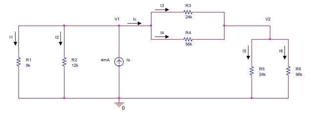 the circuit shown below,  (a) Find the equivalent resistances R<sub>a</sub> = R<sub>3</sub> || R<sub>4</sub>, R<sub>b</sub> = R<sub>5</sub> || R<sub>6</sub>, and R<sub>c</sub> = R<sub>a</sub> + R<sub>b</sub>. (b) Redraw the circuit consisting of Is, R<sub>1</sub>, R<sub>2</sub>, R<sub>c</sub>. (c) Use the current divider rule to find the currents I<sub>1</sub>, I<sub>2</sub>, I<sub>c</sub>. (d) Use the current divider rule to find the currents I<sub>3</sub>, I<sub>4</sub>, I<sub>5</sub>, I<sub>6</sub>. (e) Find the voltages V<sub>1</sub>, V<sub>2</sub>.  