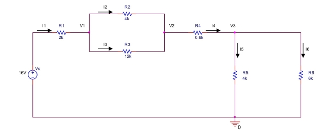 the circuit shown below,  (a) Find R<sub>a</sub> = R<sub>5</sub> || R<sub>6</sub> and R<sub>b</sub> = R<sub>3</sub> || R<sub>4</sub>. (b) Redraw the circuit consisting of V<sub>s</sub>, R<sub>1</sub>, R<sub>b</sub>, R<sub>4</sub>, and R<sub>a</sub>. Find the equivalent resistance R<sub>eq</sub> seen from the voltage source. (c) Find the current I1 through R<sub>1</sub>, R<sub>b</sub>, R<sub>4</sub>, and R<sub>a</sub>. (d) Find the voltage across R<sub>1</sub>, voltage across R<sub>b</sub>, voltage across R<sub>4</sub>, and voltage across R<sub>a</sub> (e) Find the voltage V<sub>1</sub>, voltage V<sub>2</sub>, and voltage V<sub>3</sub>. (f) Find the currents I<sub>2</sub>, I<sub>3</sub>, I<sub>5</sub> and I<sub>6</sub>.  