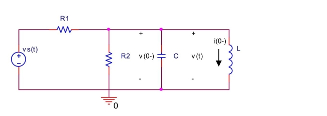  In the circuit shown below, let  \mathrm { R } _ { 1 } = 1 \Omega , \mathrm { R } _ { 2 } = 4 \Omega , \mathrm { C } = 0.5 \mathrm {~F} , \mathrm {~L} = 1 \mathrm { H } , \mathrm { v } \left( 0 ^ { - } \right) = 3 \mathrm {~V} , \mathrm { i } \left( 0 ^ { - } \right) = 1 \mathrm {~A} , \mathrm { v } _ { \mathrm { s } } ( \mathrm { t } ) = 4 \mathrm { u } ( \mathrm { t } )  Draw the circuit in the s-domain and find  V ( s )  and  v ( t )  for  t \geq 0 .   