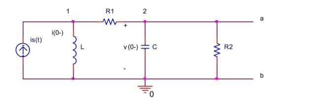 In the circuit shown below, let  \mathrm { R } _ { 1 } = 2 \Omega , \mathrm { R } _ { 2 } = 3 \Omega , \mathrm { C } = 1 \mathrm {~F} , \mathrm {~L} = 0.2 \mathrm { H } , \mathrm { v } \left( 0 ^ { - } \right) = 1 \mathrm {~V} , \mathrm { i } \left( 0 ^ { - } \right) = 2 \mathrm {~A} , \mathrm { i } _ { \mathrm { s } } ( \mathrm { t } ) = 3 \mathrm { u } ( \mathrm { t } )  Draw the circuit in the s-domain and find the Norton equivalent current  \mathrm { I } _ { \mathrm { n } } ( \mathrm { s } )  and the Norton equivalent impedance  Z _ { n } ( s ) .   