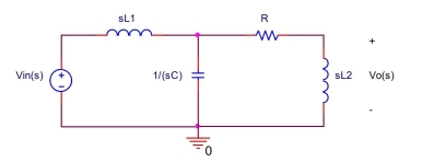  Assume  \mathrm { L } _ { 1 } = 1 \mathrm { H } , \mathrm { L } _ { 2 } = 2 \mathrm { H } , \mathrm { C } = 0.5 \mathrm {~F} , \mathrm { R } = 1 \Omega  in the circuit shown below. Find the transfer function  \mathrm { H } ( \mathrm { s } ) = \mathrm { V } _ { \mathrm { o } } ( \mathrm { s } ) / \mathrm { V } _ { \mathrm { in } } ( \mathrm { s } )    