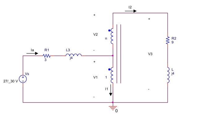  Find  \mathrm { V } _ { 1 } , \mathrm {~V} _ { 2 } , \mathrm {~V} _ { 3 } , \mathrm { I } _ { 1 } , \mathrm { I } _ { 2 } , \mathrm { I } _ { \mathrm { a } }  in the circuit shown below when n = 6.    