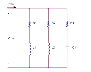  A load consists of a parallel connection of paths as shon below.  \mathrm { R } _ { 1 } - \mathrm { L } _ { 1 } , \mathrm { R } _ { 2 } - \mathrm { L } _ { 2 } \text {, and } \mathrm { R } _ { 3 } - \mathrm { C } _ { 1 }  Assume ,   \mathrm { R } _ { 1 } = 80 \Omega , \mathrm { R } _ { 2 } = 95 \Omega , \mathrm { R } _ { 3 } = 75 \Omega , \mathrm { L } _ { 1 } = 65 \mathrm { mH } , \mathrm { L } _ { 2 } = 85 \mathrm { mH } , \mathrm { C } _ { 1 } = 250 \mu \mathrm { F } , \left| \mathbf { I } _ { \mathrm { rms } } \right| = 20 \mathrm {~A}  = 60 Hz. Find the complex power, average power, reactive power, apparent power, and power factor of each path. Also, find the complex power, average power, reactive power, apparent power, and power factor of the entire load.   