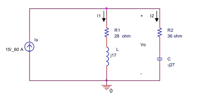  Use current divider rule to  \text { find } \mathrm { I } _ { 1 } , \mathrm { I } _ { 2 } \text {, and } \mathrm { V } _ { 0 }    in the circuit shown below.   