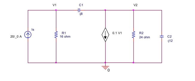 \text { Use nodal analysis to find } V _ { 1 } \text { and } V _ { 2 } \text { in the circuit shown below. }    