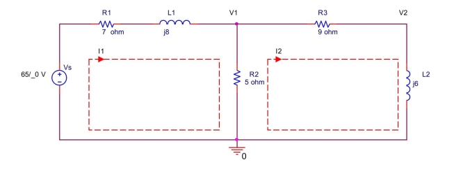 \text { Use mesh analysis to find mesh currents } \mathrm { I } _ { 1 } , \mathrm { I } _ { 2 } \text { and voltages } \mathrm { V } _ { 1 } , \mathrm {~V} _ { 2 } \text { in the circuit shown }  below.   