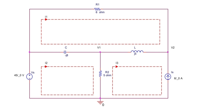 \text { Use mesh analysis to find mesh currents } \mathrm { I } _ { 1 } , \mathrm { I } _ { 2 } , \mathrm { I } _ { 3 } \text { and voltages } \mathrm { V } _ { 1 } , \mathrm {~V} _ { 2 } \text { in the circuit shown }  below.   