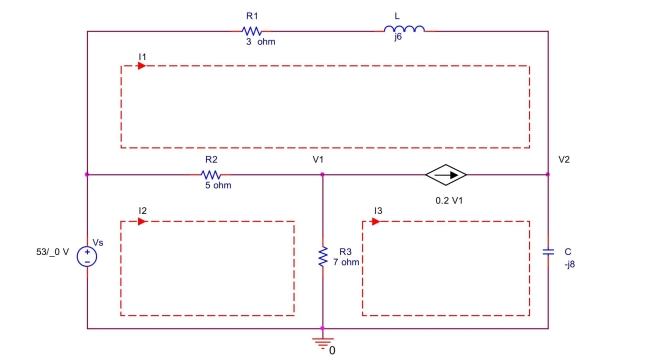 \text { Use mesh analysis to find mesh currents } \mathrm { I } _ { 1 } , \mathrm { I } _ { 2 } , \mathrm { I } _ { 3 } \text { and voltages } \mathrm { V } _ { 1 } , \mathrm {~V} _ { 2 } \text { in the circuit shown }  below.   