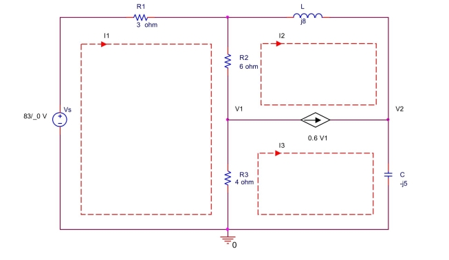 Use mesh analysis to find mesh currents I<sub>1</sub>,I<sub>2</sub>,I<sub>3</sub>  and voltahges V<sub>1</sub>,V<sub>2</sub> in the circuit shown  below.  