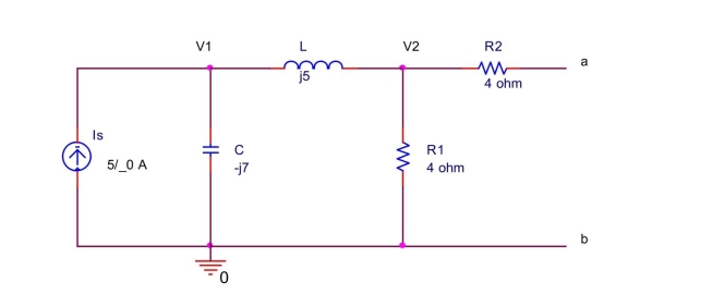  Find the Norton equivalent current   \mathbf { I } _ { n }  and the Norton equivalent impedance  Z _ { n }  between the  terminals a and b for the circuit shown below.   