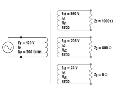 Figure 13-17   Find the values specified in the following questions: -The turns ratio of the first secondary is 1:____. A)  2.14 B)  3.55 C)  4.67 D)  5.77