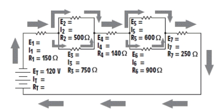 Figure 7-5   -In the accompanying figure, what is the value of E6? A)  24 V B)  30 V C)  36 V D)  44 V