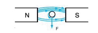   -In the accompanying figure, which shows a current-carrying conductor in a magnetic field, the current is traveling into the plane of the paper (away from you).