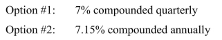 You walk into a bank with $1,000 that you wish to invest in a CD (certificate of deposit). The bank gives you two options:   Which option is better for you? Compare the two options by comparing their effective interest rates.<div style=padding-top: 35px> 
