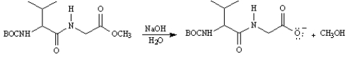 During peptide synthesis, the carboxylic acid group may be protected as the methyl ester. Aqueous base hydrolysis is utilized to remove the ester protecting group.   Write the complete stepwise mechanism for the hydrolysis of the methyl ester of BOC-Val-Gly-OCH<sub>3</sub>, above. Show all intermediate structures and all electron flow with arrows.