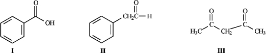 Instructions: Consider the structures below to answer the following question(s) .   -Refer to instructions. Rank the molecules above in order of increasing acidity (least acidic to most acidic) . A)  III, II, I B)  II, III, I C)  I, II, III D)  II, I, III