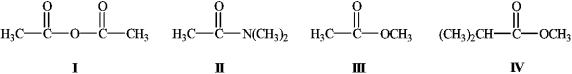 What is the order of decreasing reactivity towards nucleophilic acyl substitution for the carboxylic acid derivatives? (most reactive first)    A)  I, II, III, IV B)  I, III, IV, II C)  II, IV, III, I D)  II, I, III, IV