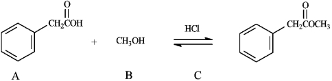 Instructions: Consider the information below to answer the following question(s). The reaction of a carboxylic acid with an alcohol in the presence of acid is termed a Fischer esterification.   -Refer to instructions. What would be the identity of A, B and C needed to produce the following compound?  