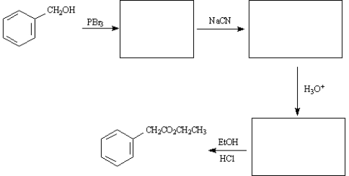 Ethyl phenylacetate is a pleasant smelling compound used in perfumery. Draw structures for each of the intermediates in the synthesis of ethyl phenylacetate below.  
