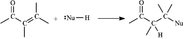  Instructions:  \alpha , \beta -Unsaturated aldehydes and ketones can undergo reaction with nucleophiles at the  \beta  carbon, as shown below. Use this information to answer the following question(s).   -Refer to instructions. Draw a resonance form for the unsaturated carbonyl that accounts for this reactivity. 