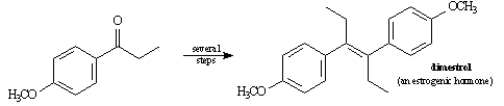 Propose a synthesis of Dimestrol starting from p-methoxypropiophenone as the only source of carbon.  