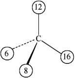 The numbers on the carbon center of the following molecule represent atomic numbers.   The molecule is in A)  the R configuration. B)  the S configuration. C)  The carbon is not a chiral center in this molecule. D)  The exact configuration cannot be determined without knowing additional atomic numbers.