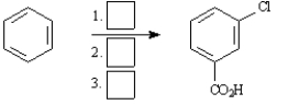 Instructions: Choose the best reagent(s) from the list provided below for carrying out the following conversions. Place the letter of the reagent in the box beside the reaction number over the arrow. There is only one answer for each reaction. a. KMnO<sub>4</sub>, H<sub>3</sub>O<sup>+</sup> b. Br<sub>2</sub>, FeBr<sub>3</sub> c. Cl<sub>2</sub>, FeCl<sub>3</sub> d. CH<sub>3</sub>Cl, AlCl<sub>3</sub> e. HNO<sub>3</sub>, H<sub>2</sub>SO<sub>4</sub> -Choose the best reagents:  