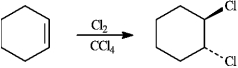 Instructions: To answer the question(s)  below, consider the following reaction: When cyclohexene reacts with chlorine in tetrachloromethane, the following dihalide is formed.   -Refer to instructions. Since the two chlorine atoms add to opposite faces of the cyclohexene double bond, we say that the reaction occurs with: A)  syn stereochemistry B)  cis stereochemistry C)  anti stereochemistry D)  retention of stereochemistry
